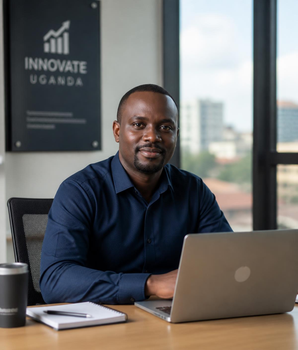 A business owner in Kampala reviewing their operations on a laptop
